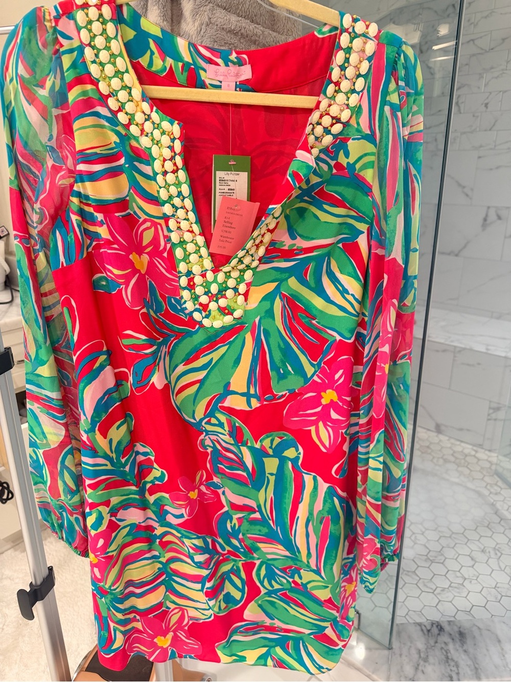 Lilly Pulitzer Pink-Red Tropical Beaded V-Neck Mini Dress
